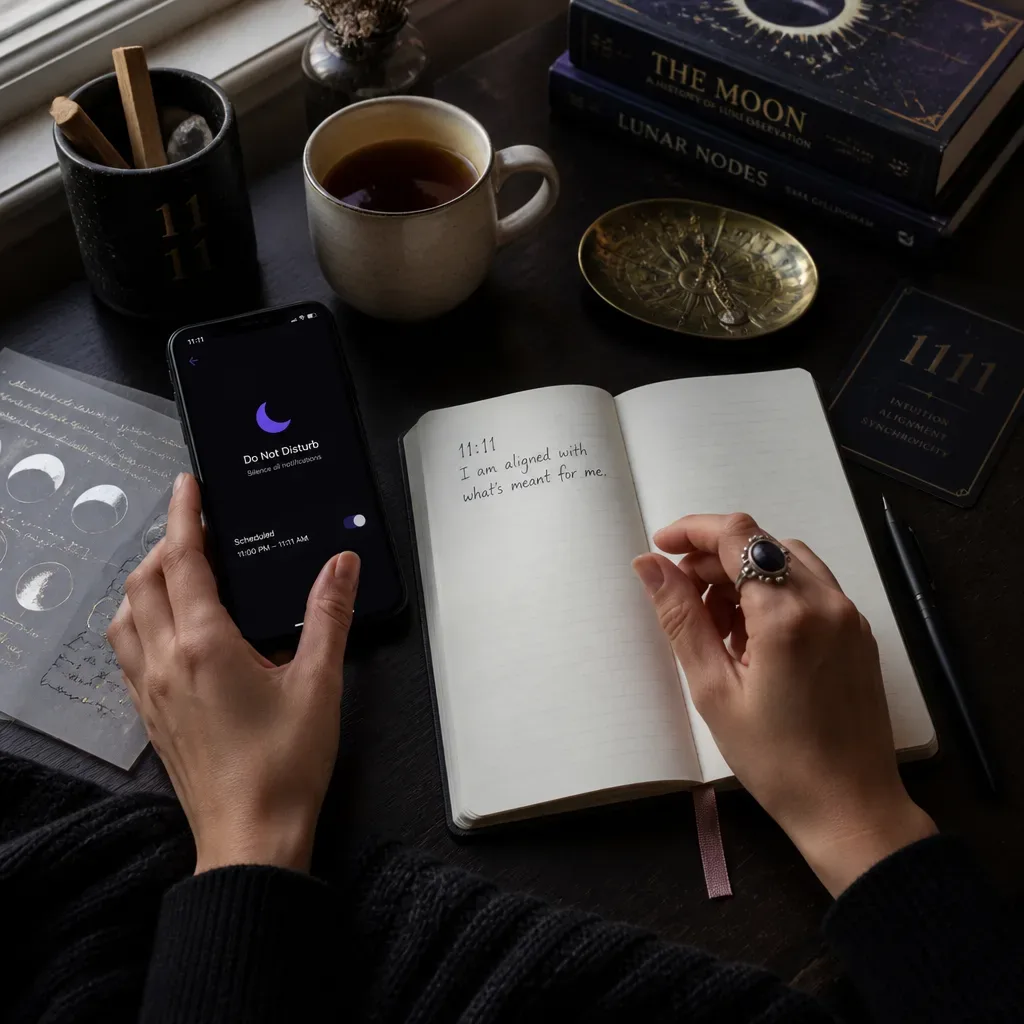 Hands preparing phone notebook and tea for ritual