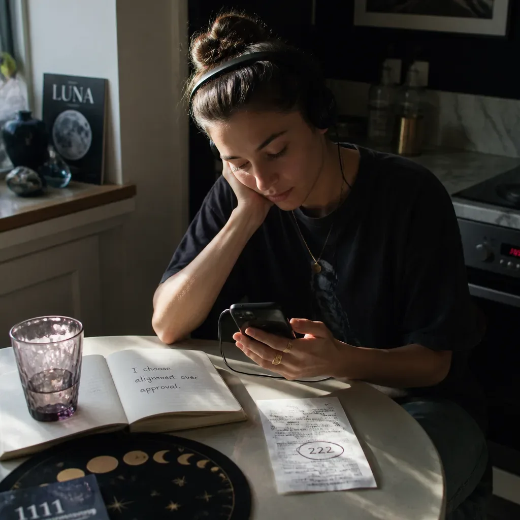 Person listening to Dream-Self audio at kitchen table