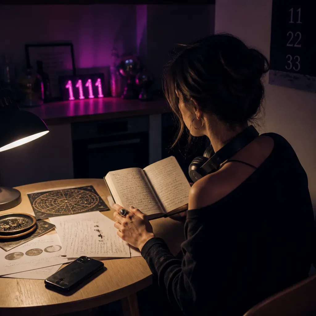 Woman reviewing notes after listening to audio