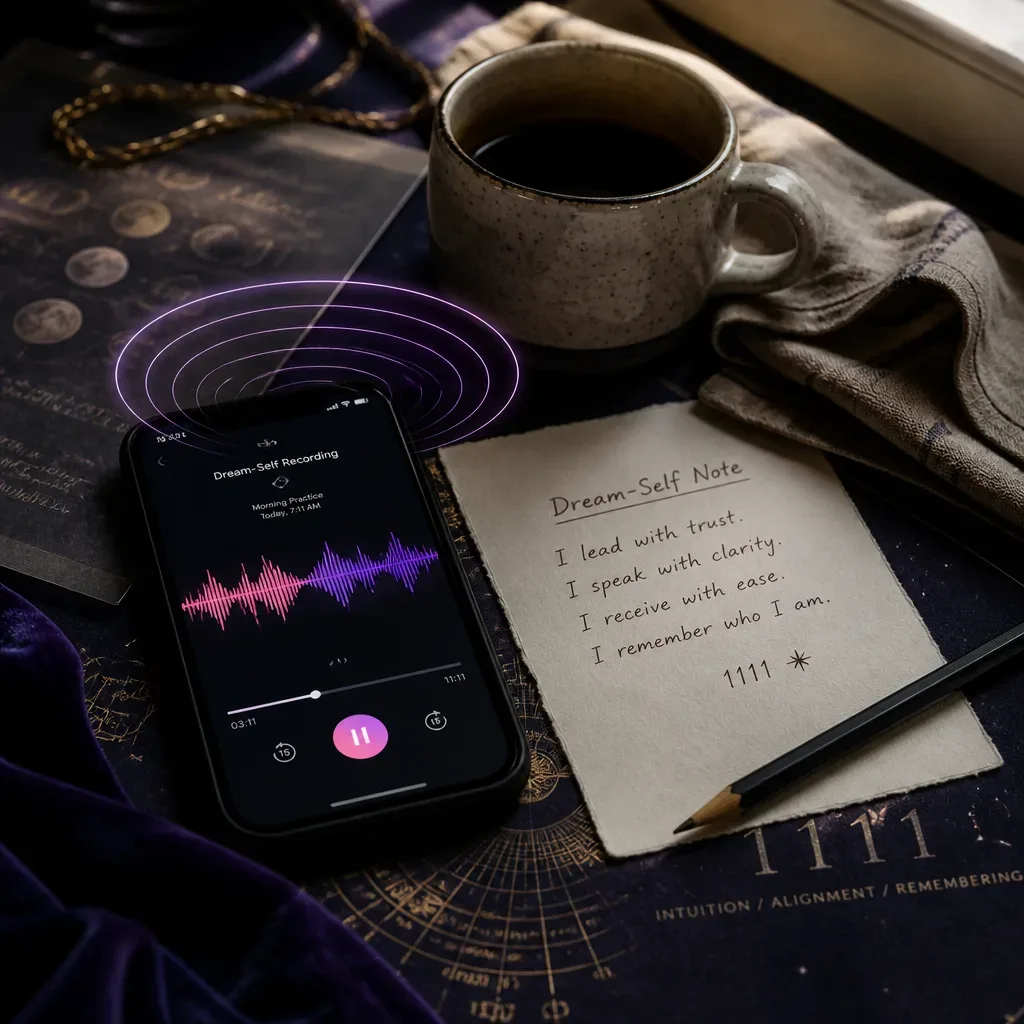 Audio Dream-Self in riproduzione accanto a una nota di manifestazione scritta a mano