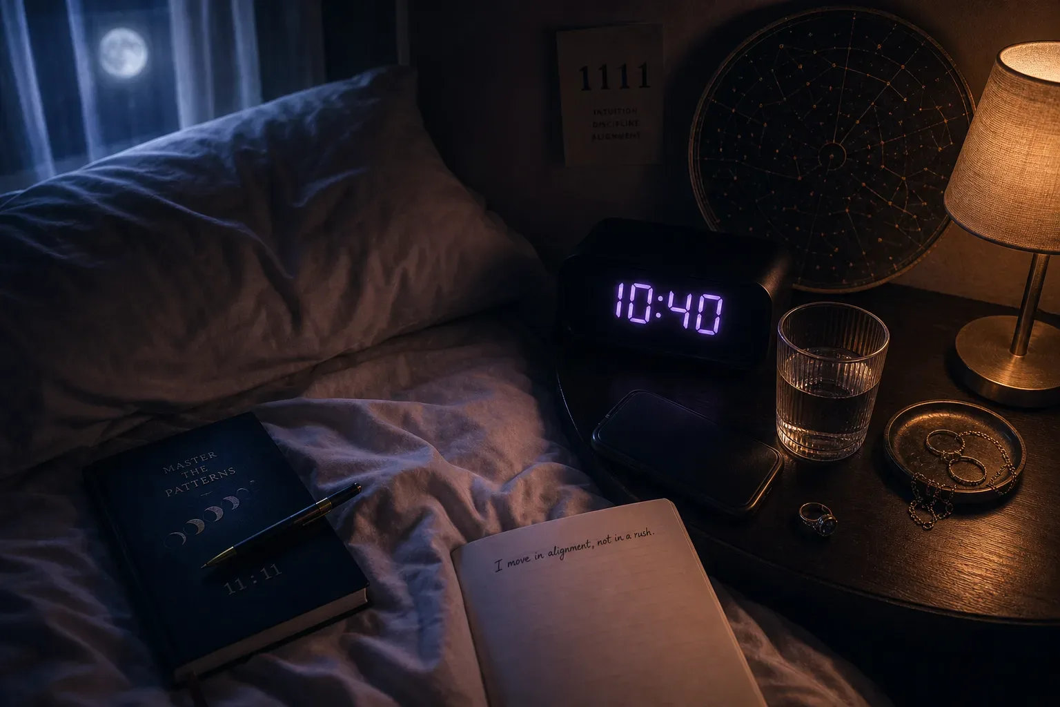 Ritual de audio junto a la cama con reloj iluminado por la luna