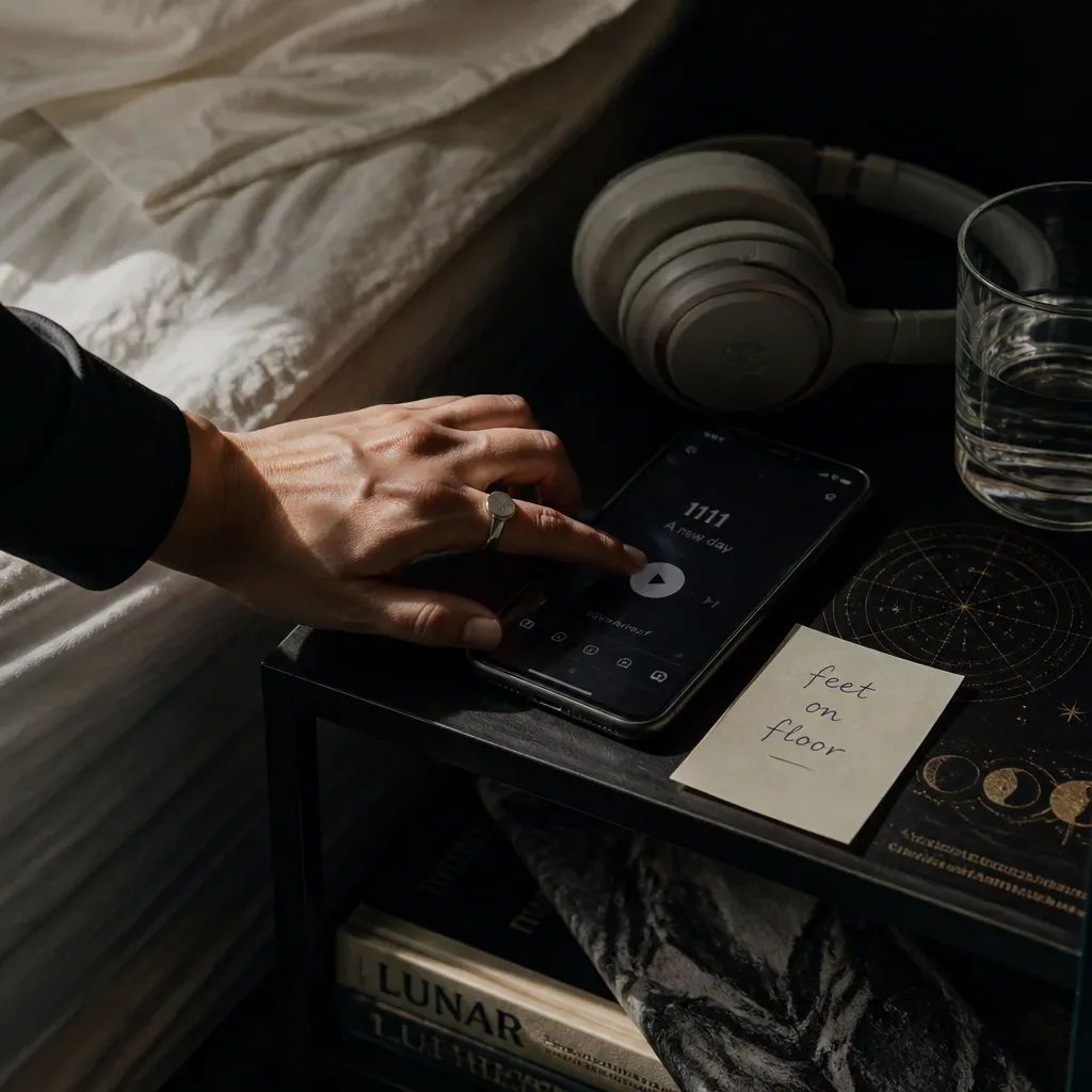 Hand pressing play beside bed in morning