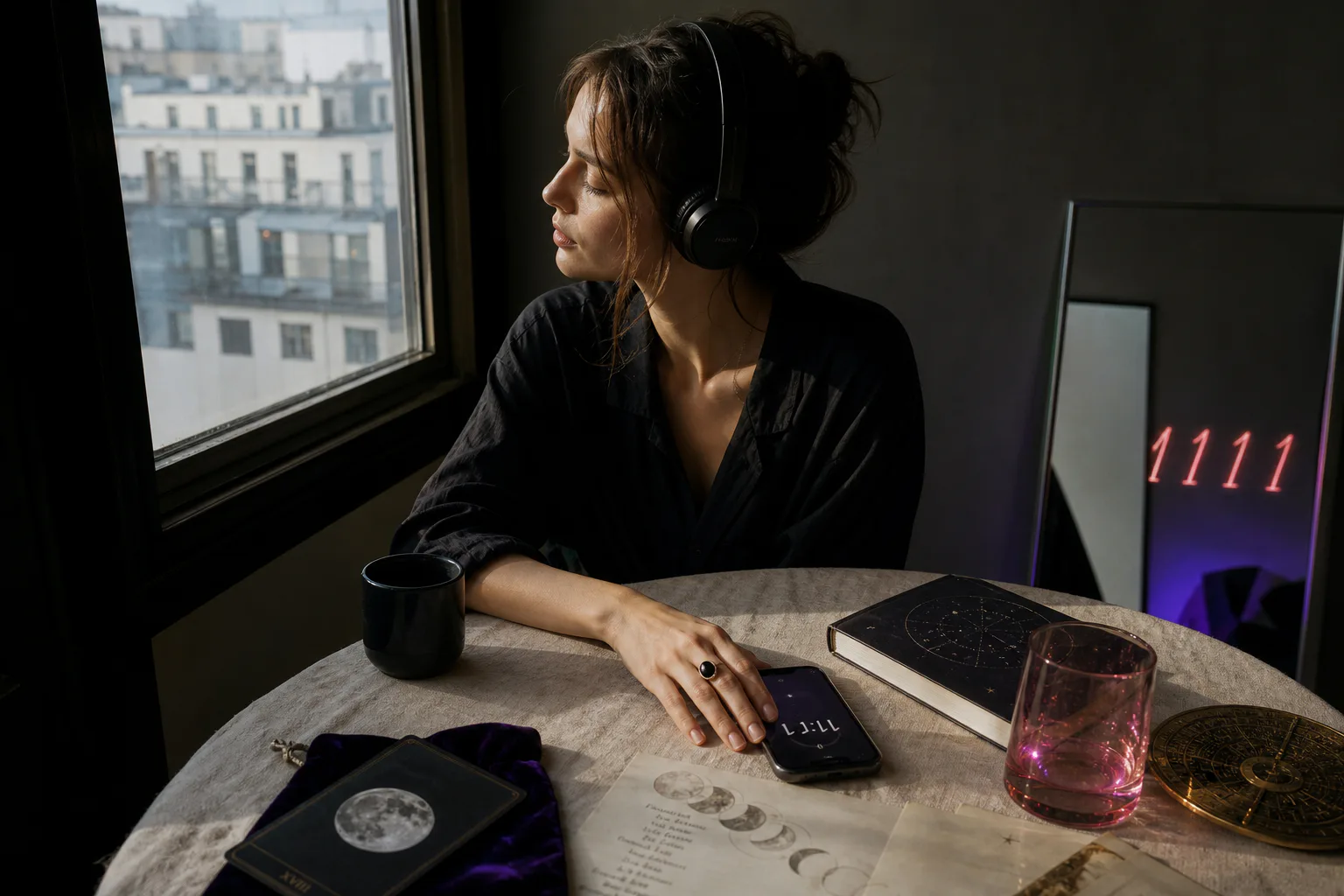 Woman listening quietly beside a morning window