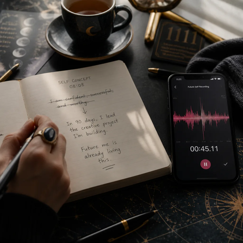 Notebook beside phone with future-self audio