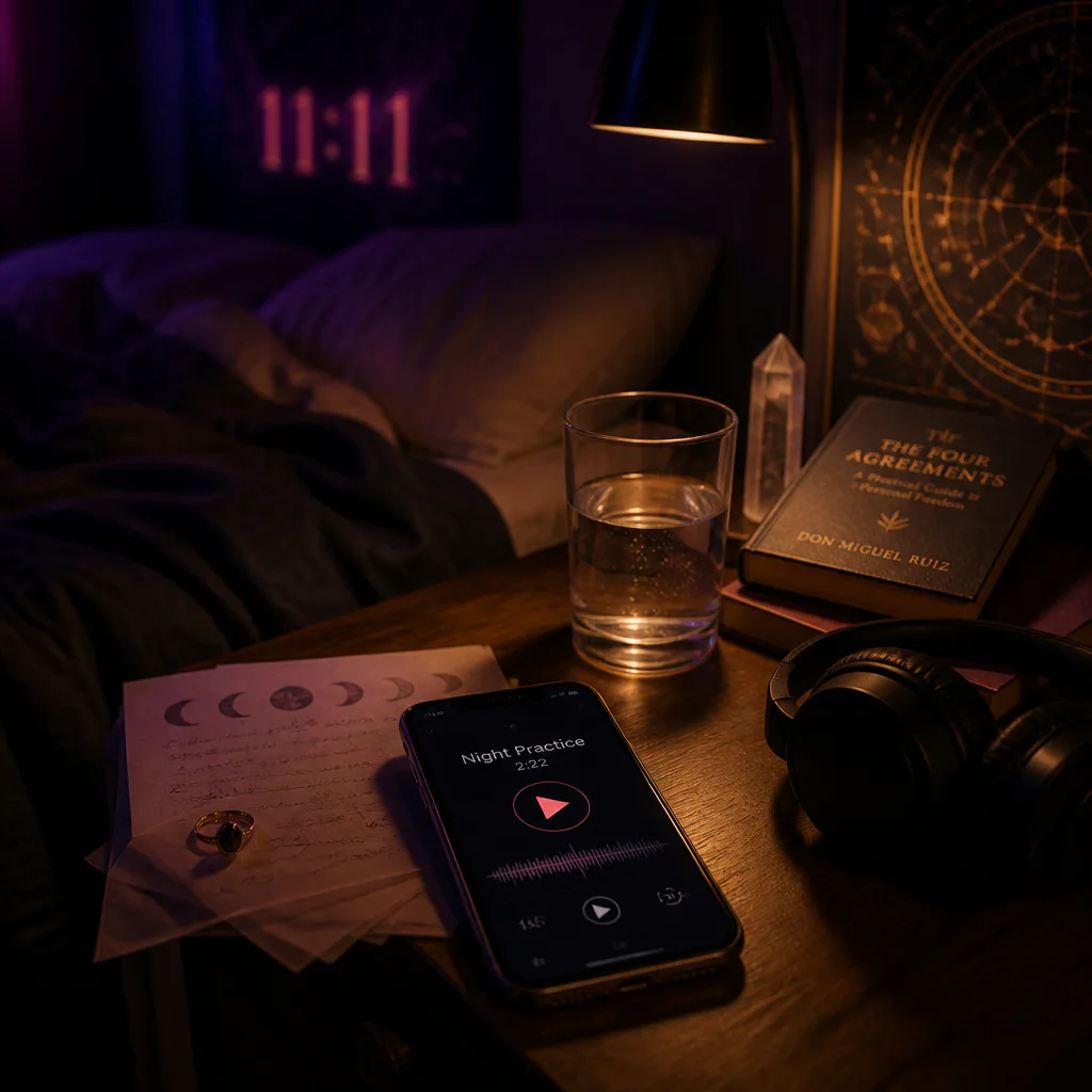 Headphones and phone beside a bedside lamp