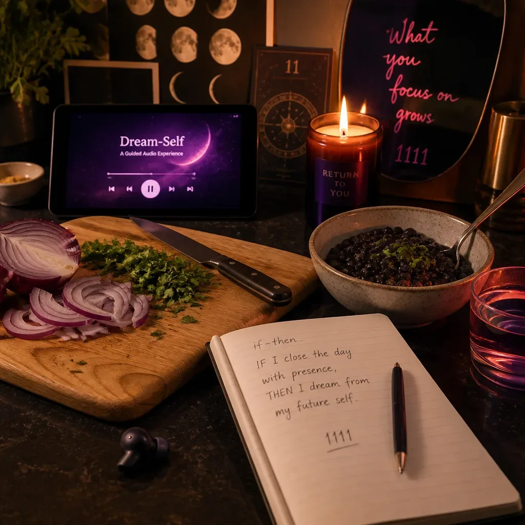 Kitchen table with dinner prep and manifestation notes
