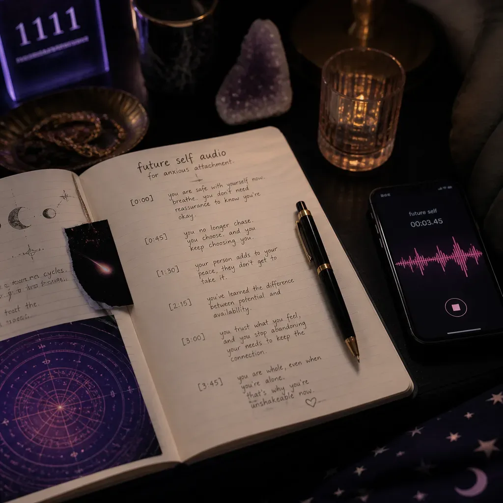 Notebook with future-self audio lines beside phone