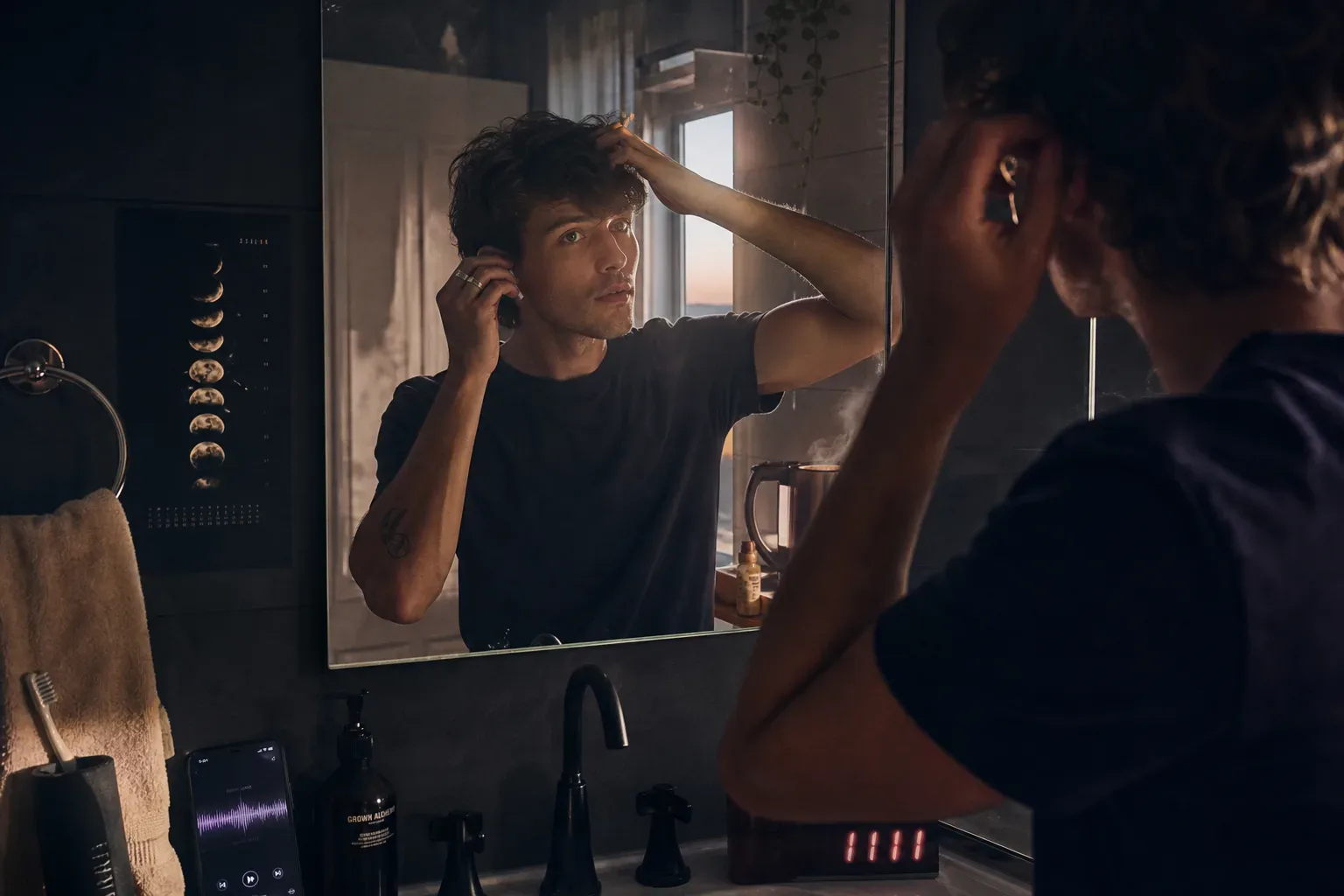 Person listening to audio while getting ready