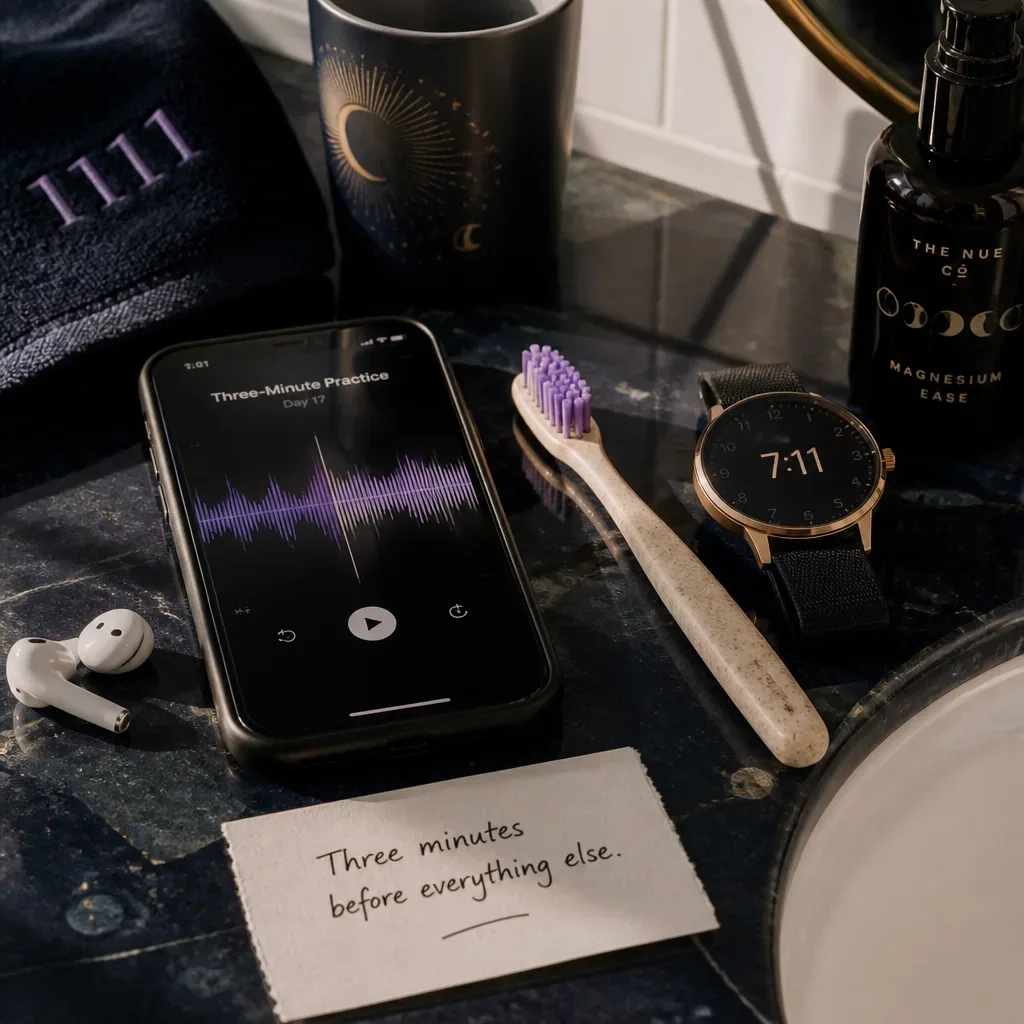 Phone and earbuds beside morning routine items