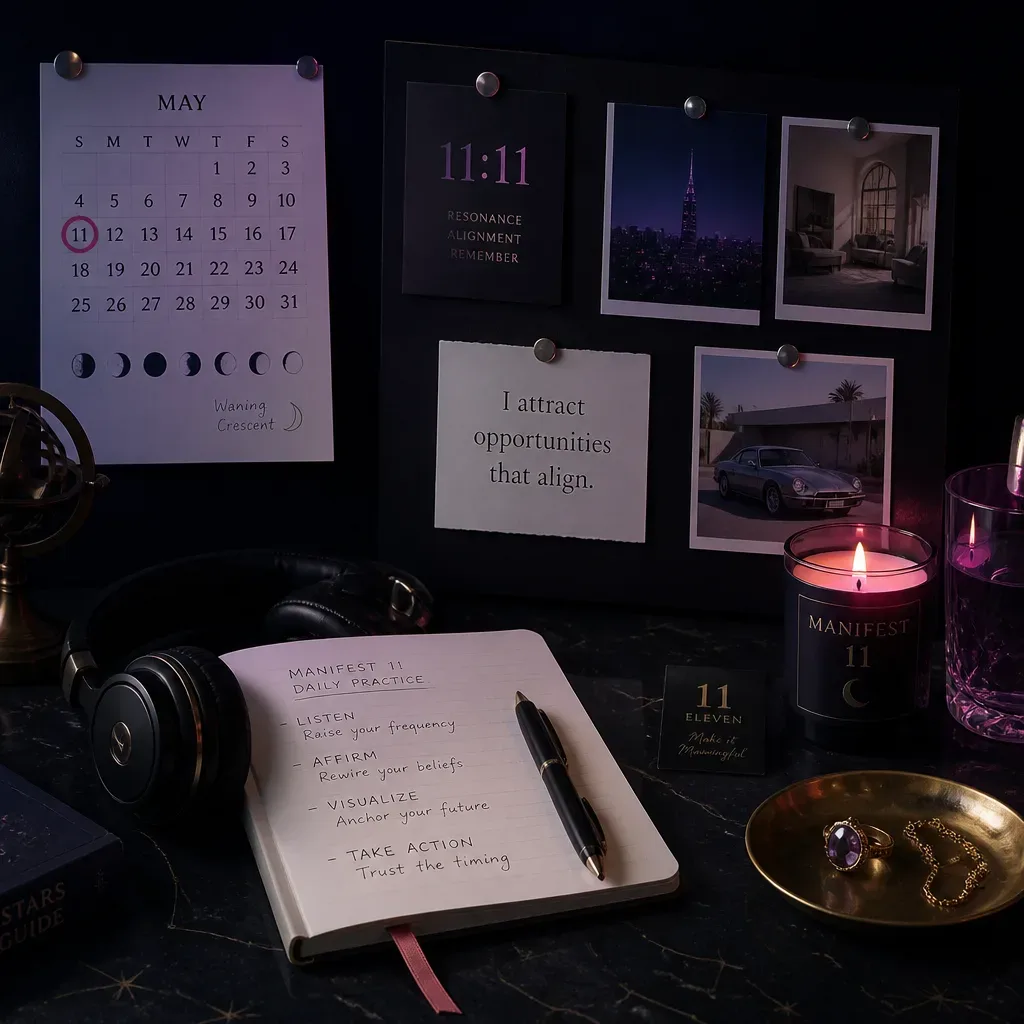 Headphones, affirmation card, and manifestation board
