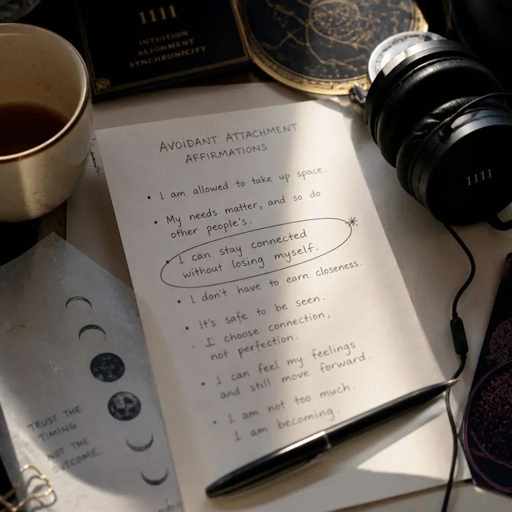 Handwritten attachment affirmations beside headphones