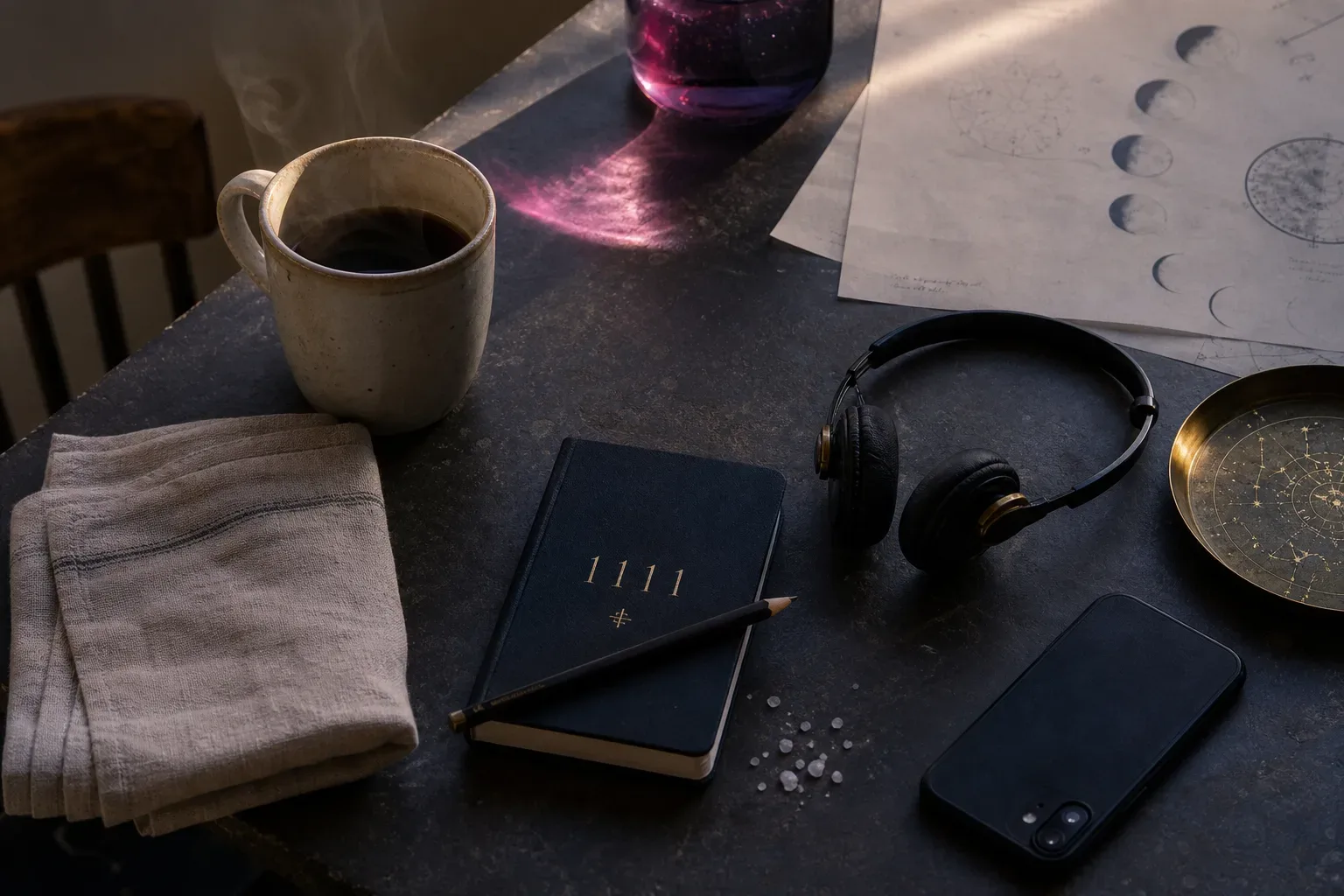 Notebook, headphones, and tea on a quiet table