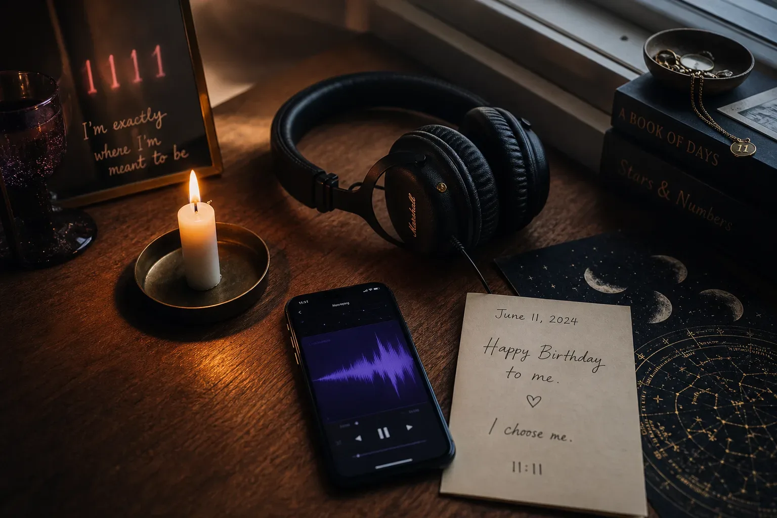 Birthday candle beside headphones and handwritten intention card