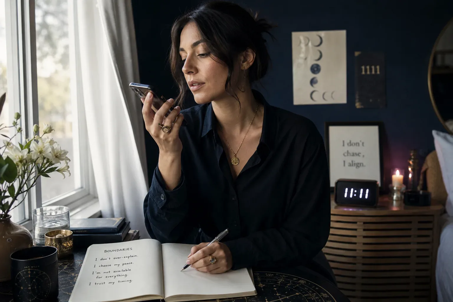 Woman recording boundary affirmations beside morning window