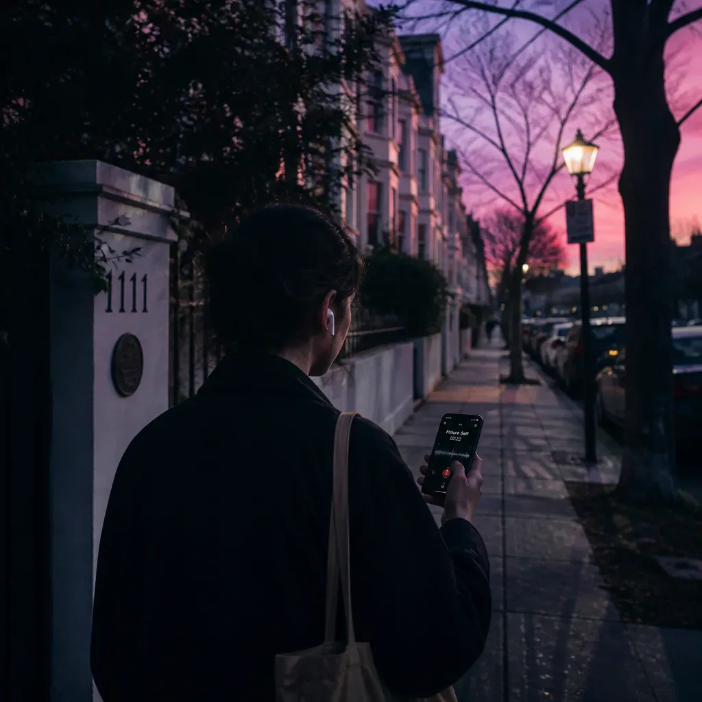 Person listening to future-self audio while walking