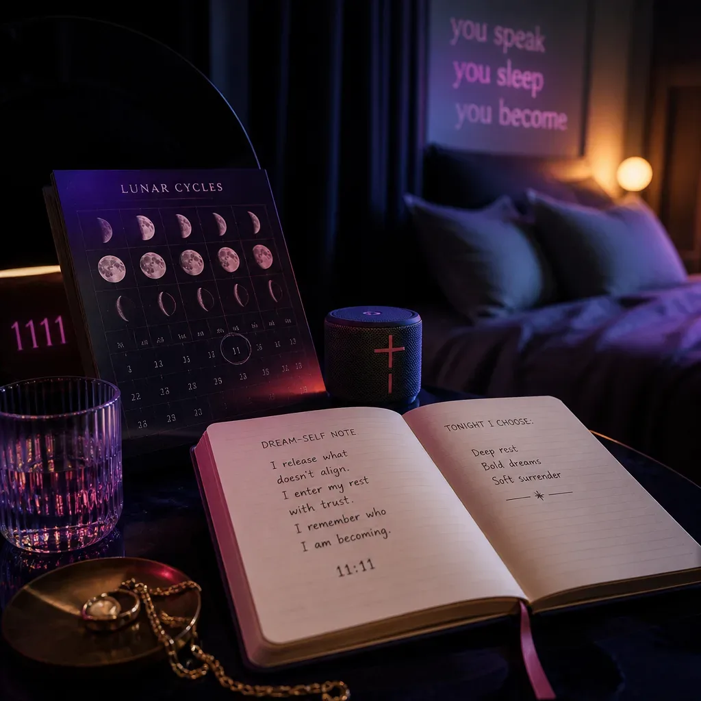 Diario Dream-Self accanto a speaker e calendario lunare