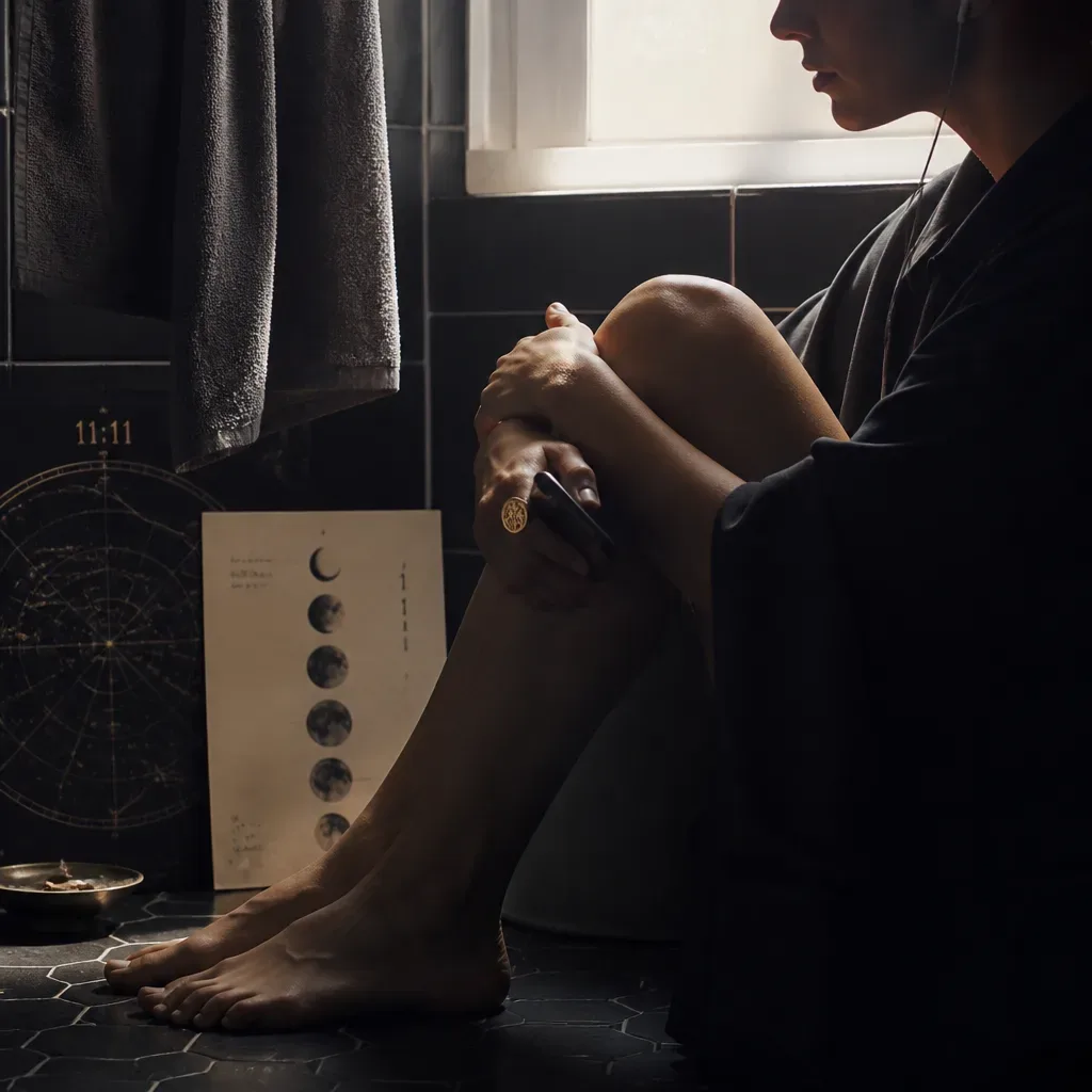 Person listening quietly on bathroom floor