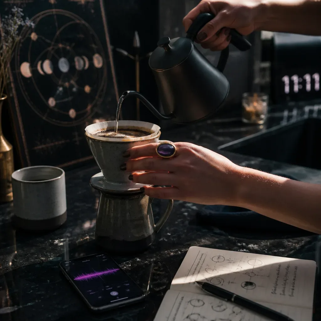 Hands prepare coffee beside a Dream-Self audio