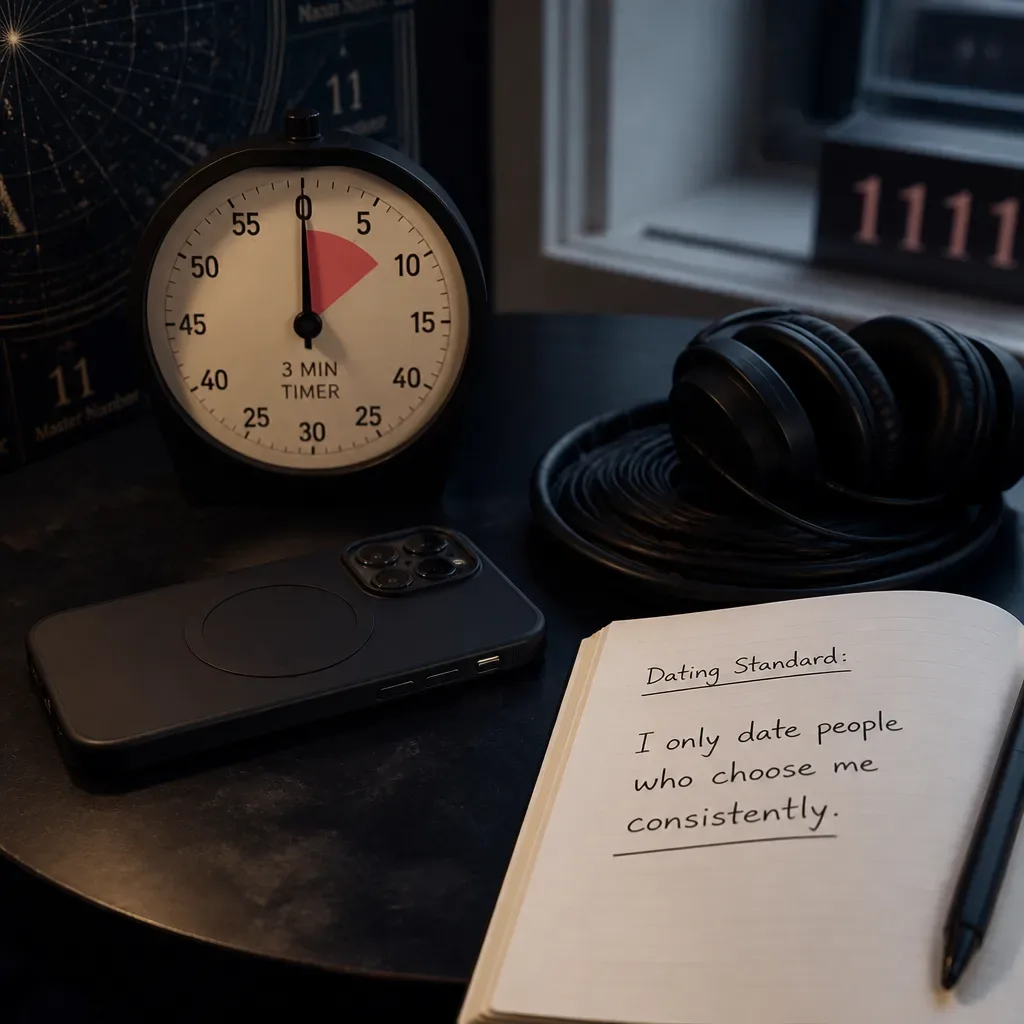 Phone face down beside headphones and handwritten standard