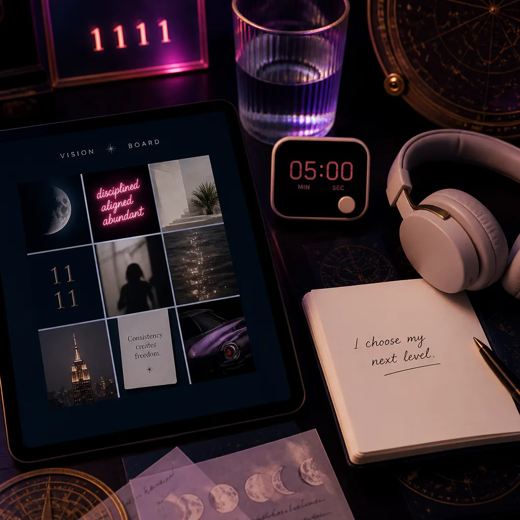 Tablero de visión digital y audífonos sobre un escritorio