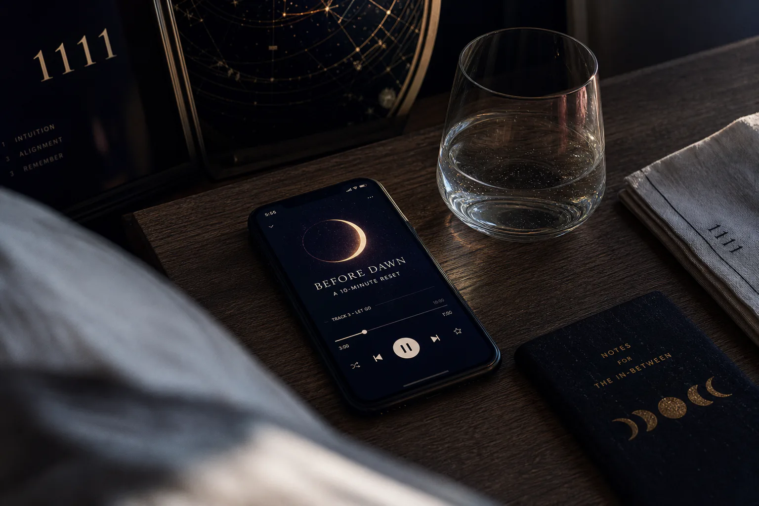 Phone beside bed playing a quiet morning audio