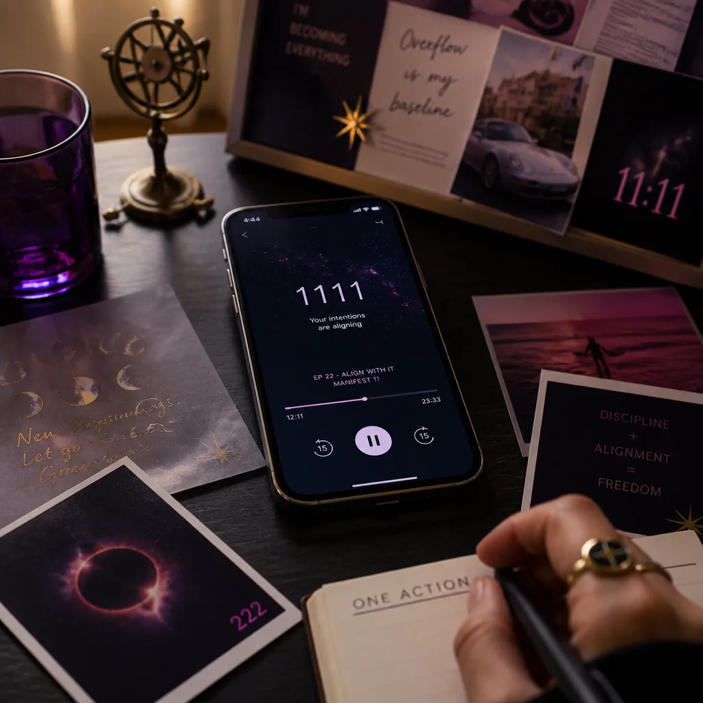 Phone audio beside a small manifestation board