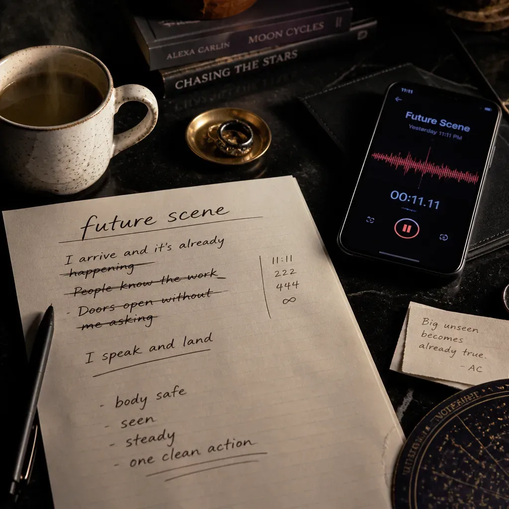 Handgeschriebenes Dream-Self-Skript neben Kaffee und Handy