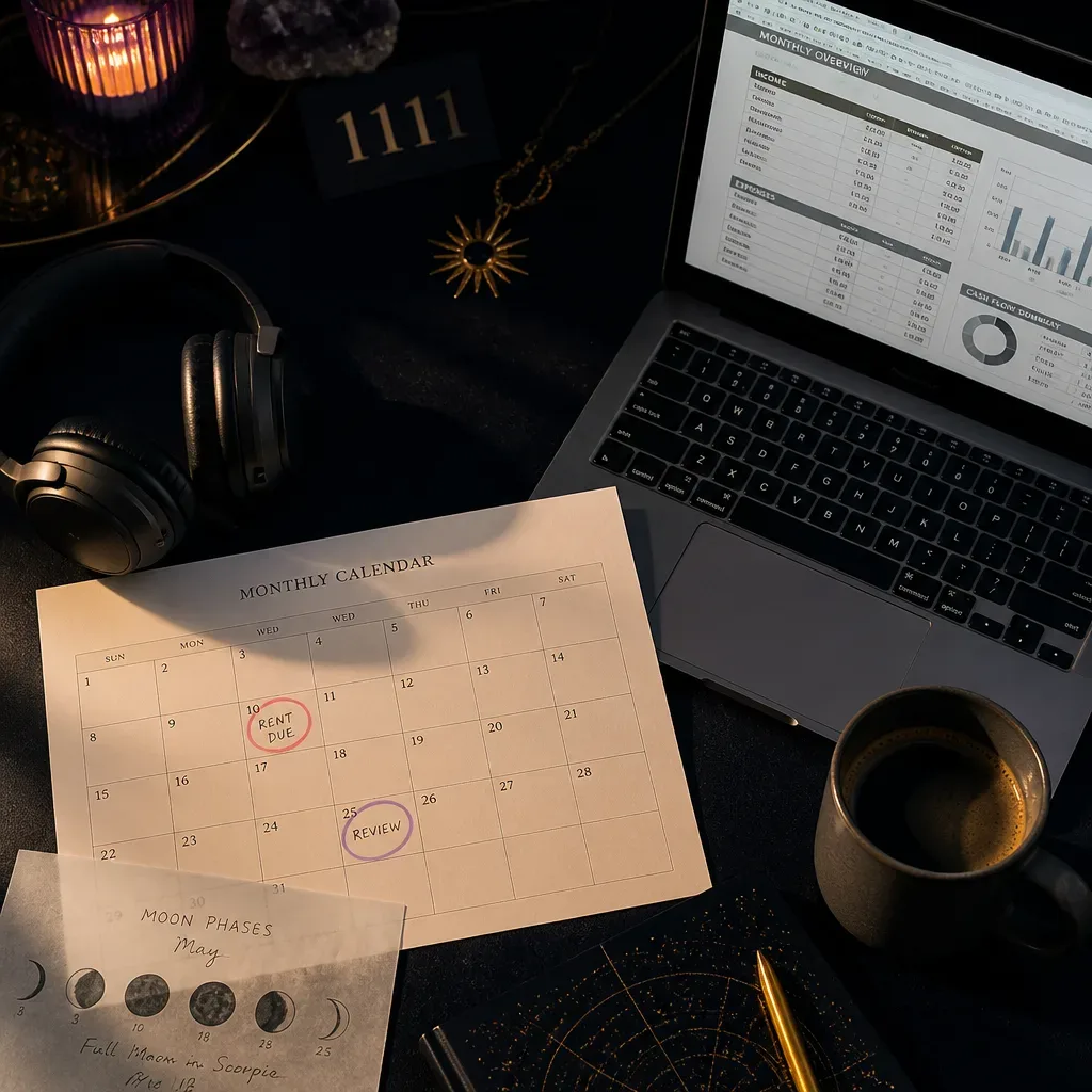 Calendar, headphones, and budget spreadsheet