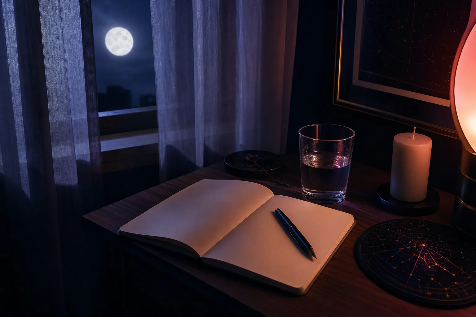Caderno à luz de vela sob uma janela com lua cheia