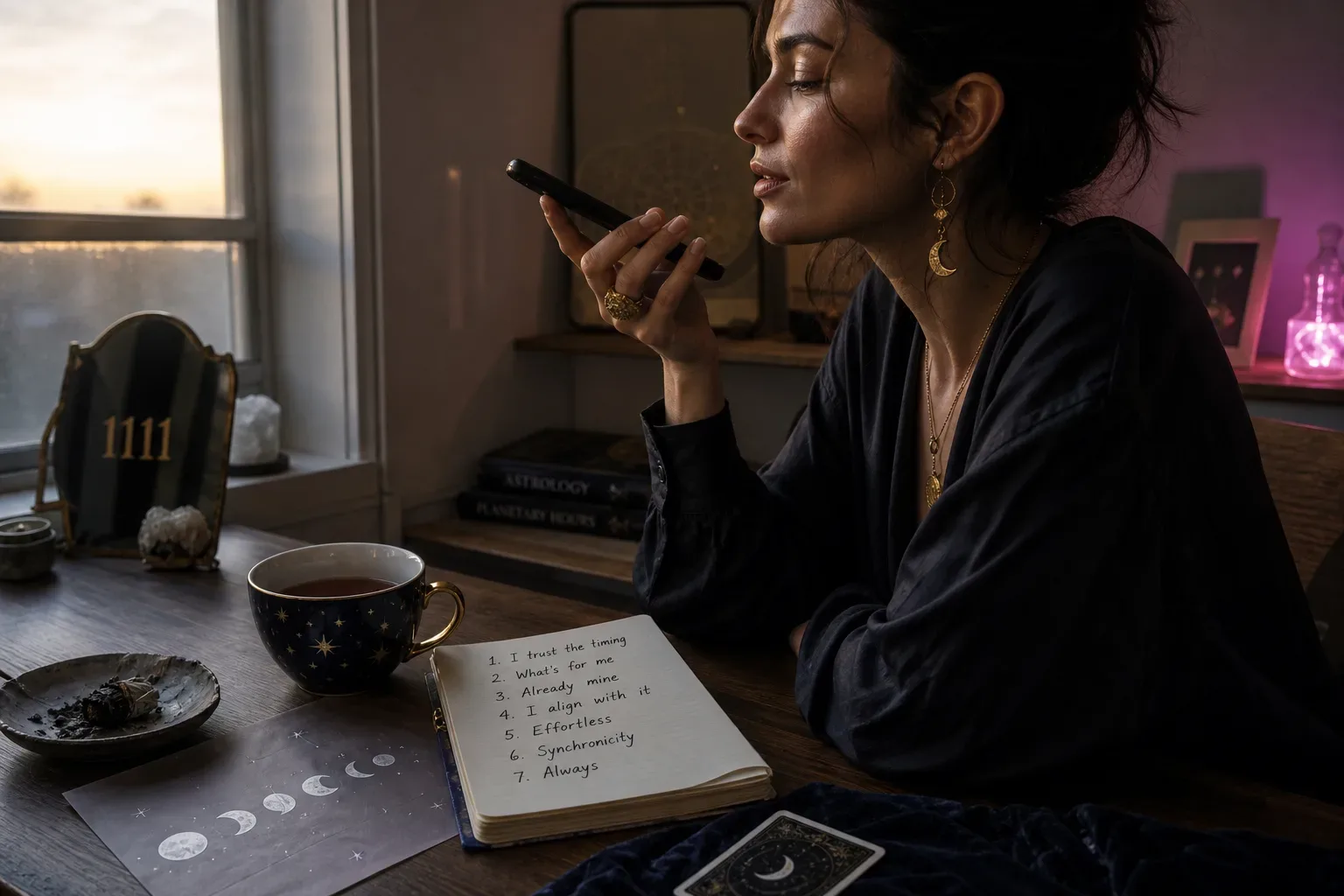 Person recording a future-self audio note at dawn