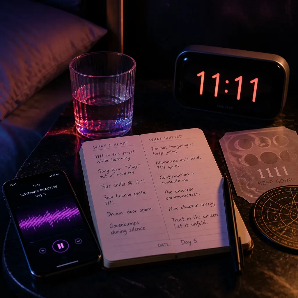 Audio practice notebook beside clock reading 11:11