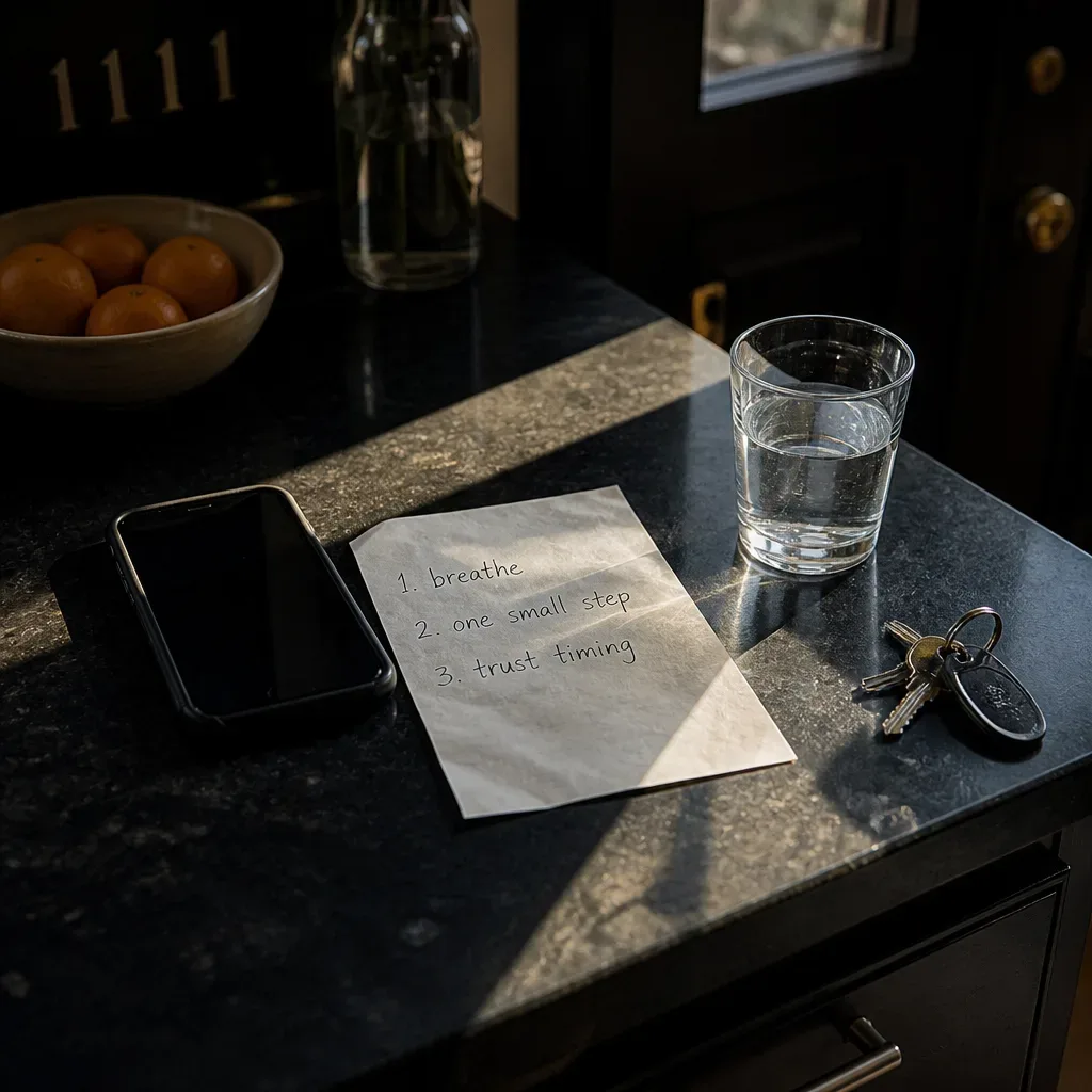 Phone and handwritten note on a kitchen counter