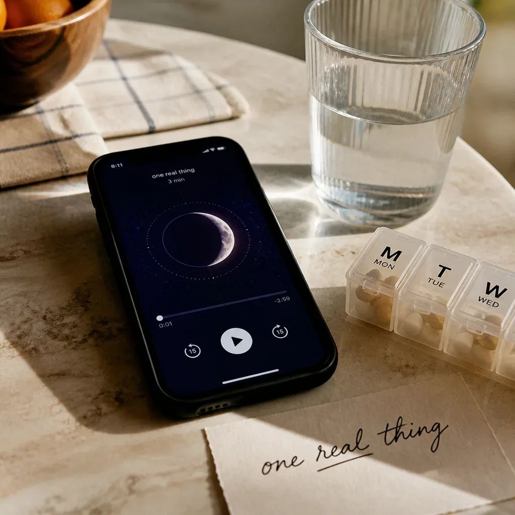 Phone playing short audio beside water and note