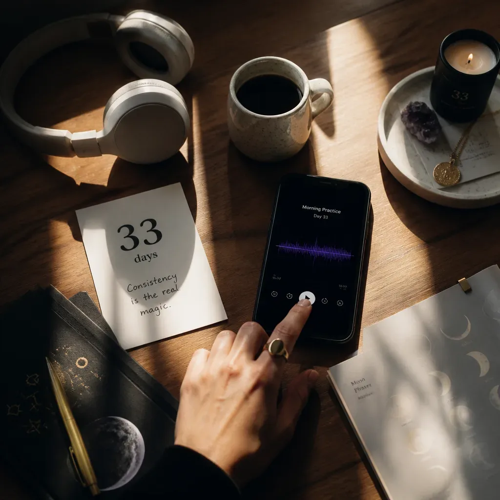 Morgenroutine mit Audio, Kopfhörern und Kaffee