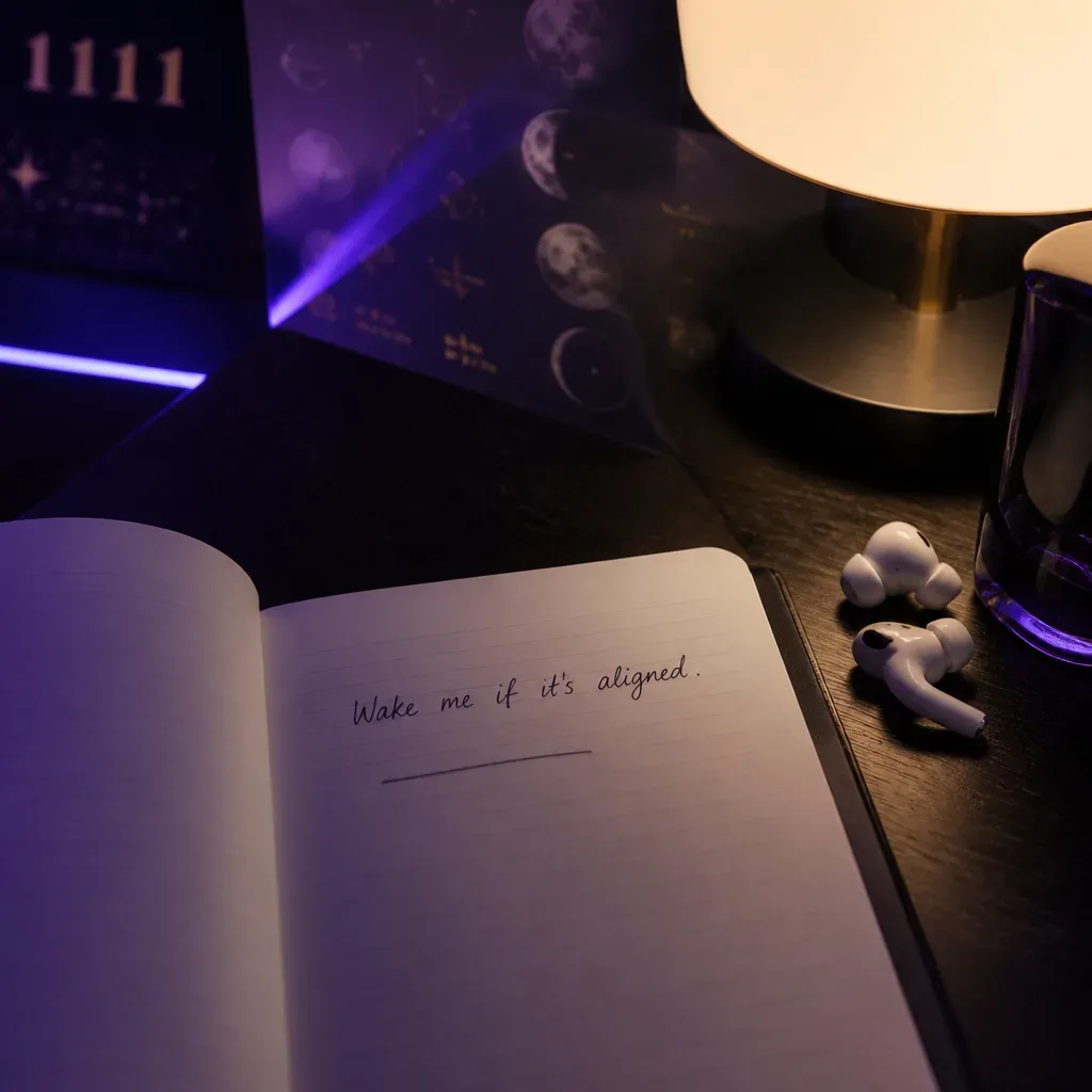 Notizbuch mit Bitte für die Nacht neben Earbuds
