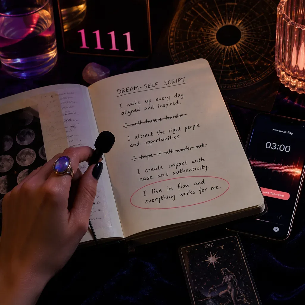 Notebook script beside a three-minute audio recording