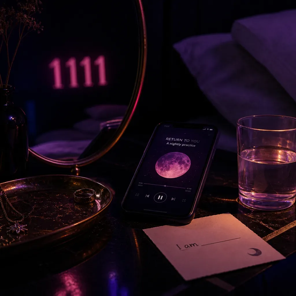 Bedside phone playing affirmation audio at night