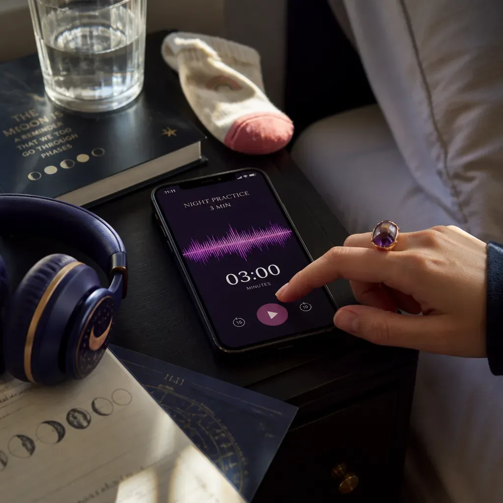 Phone audio timer beside headphones and water