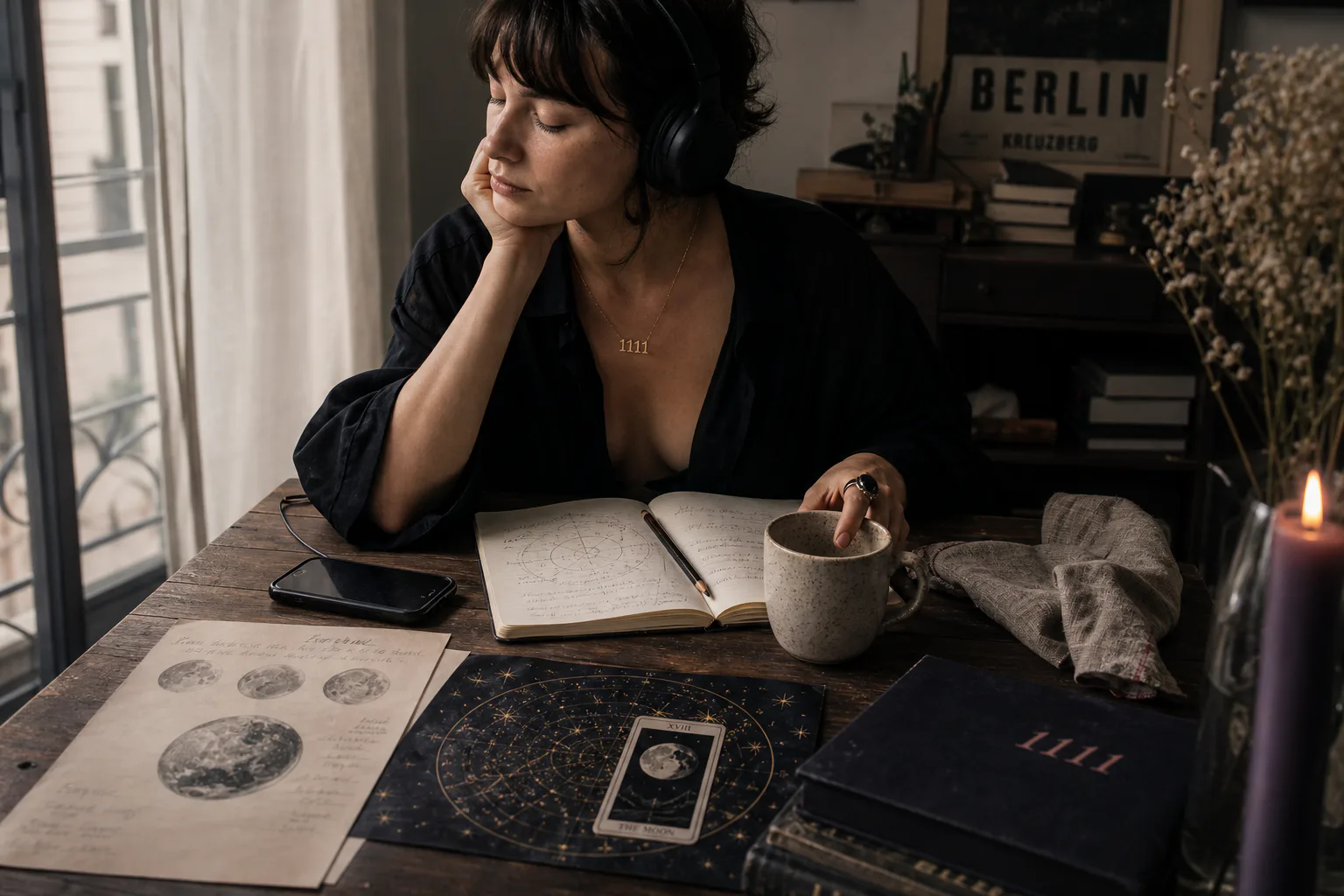 Woman listening to audio beside an open notebook