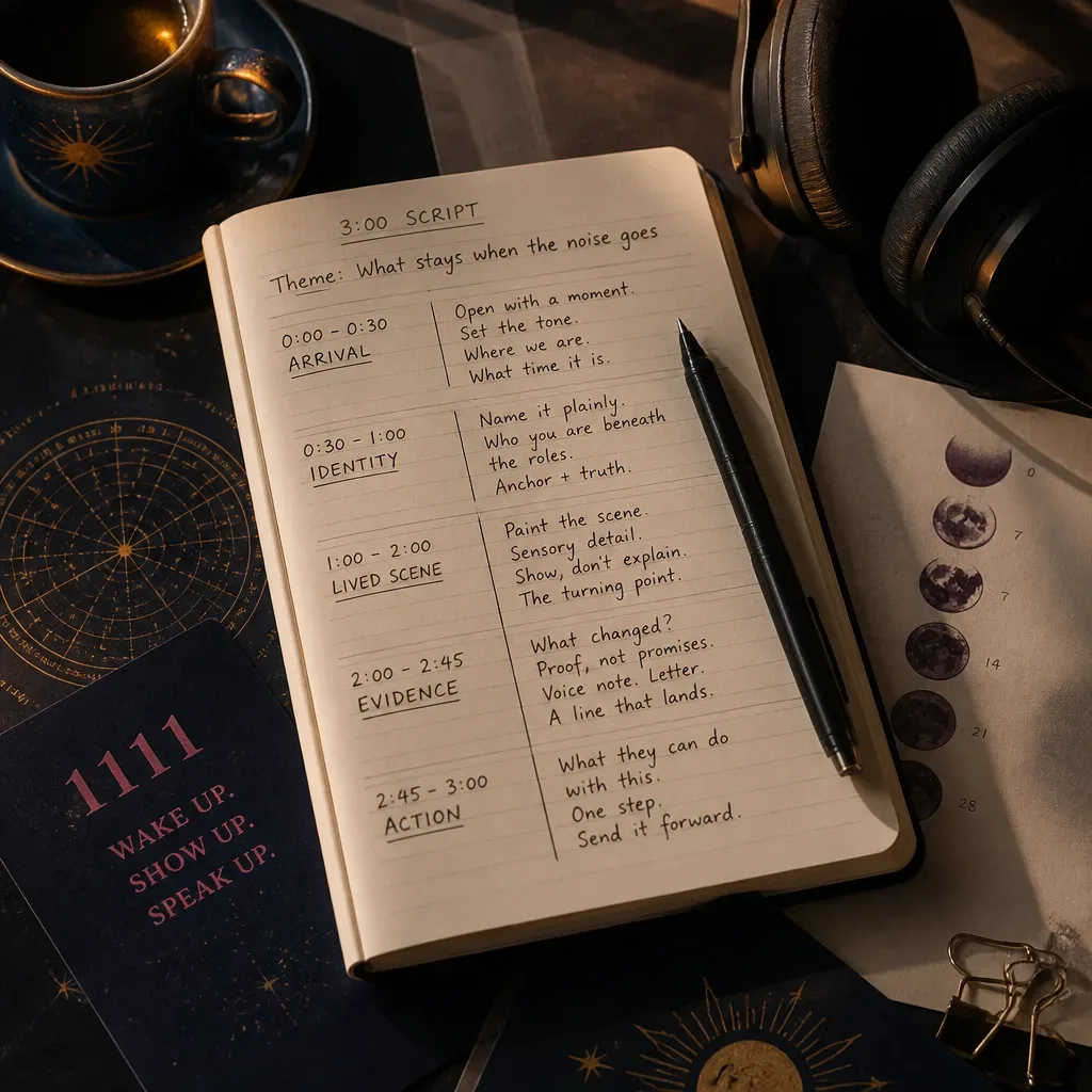 Notebook outlining a three minute Dream-Self script