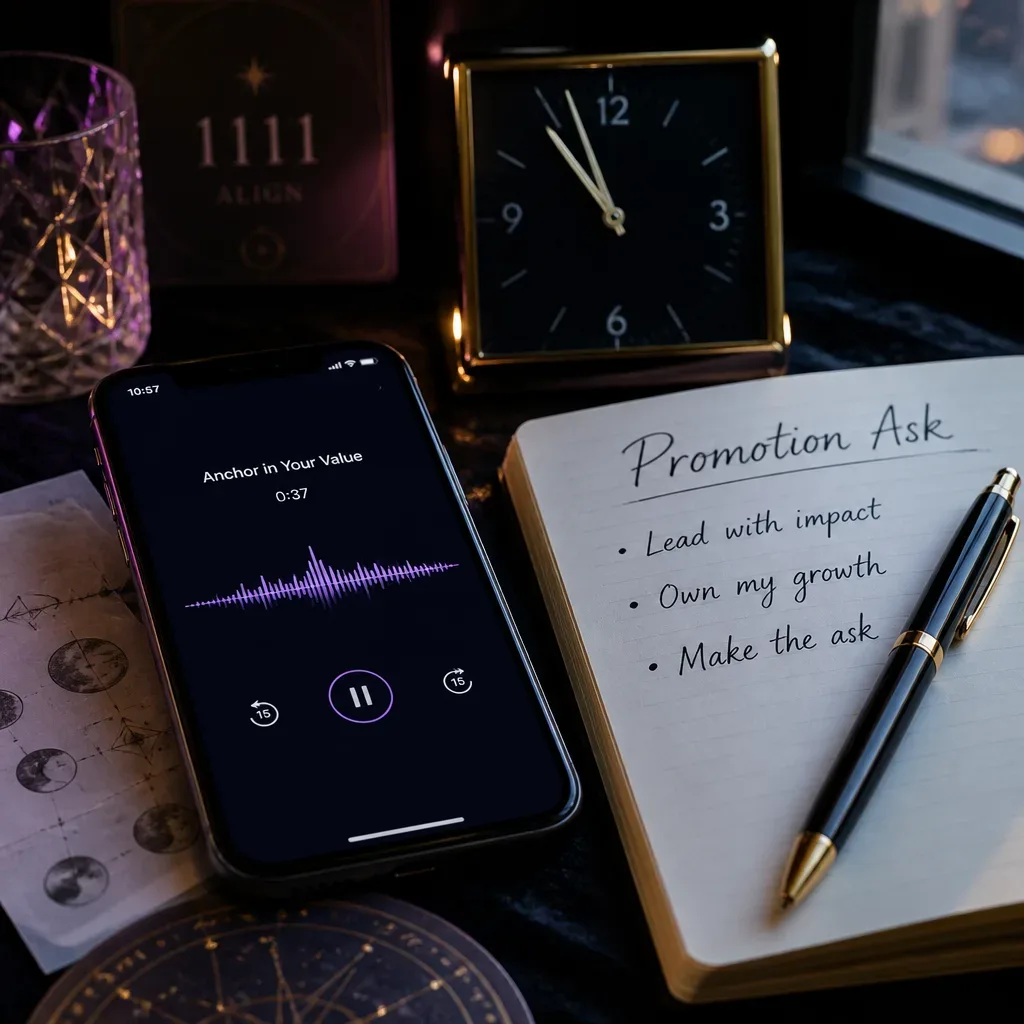 Praktyka audio na telefonie obok notatek do rozmowy o awansie