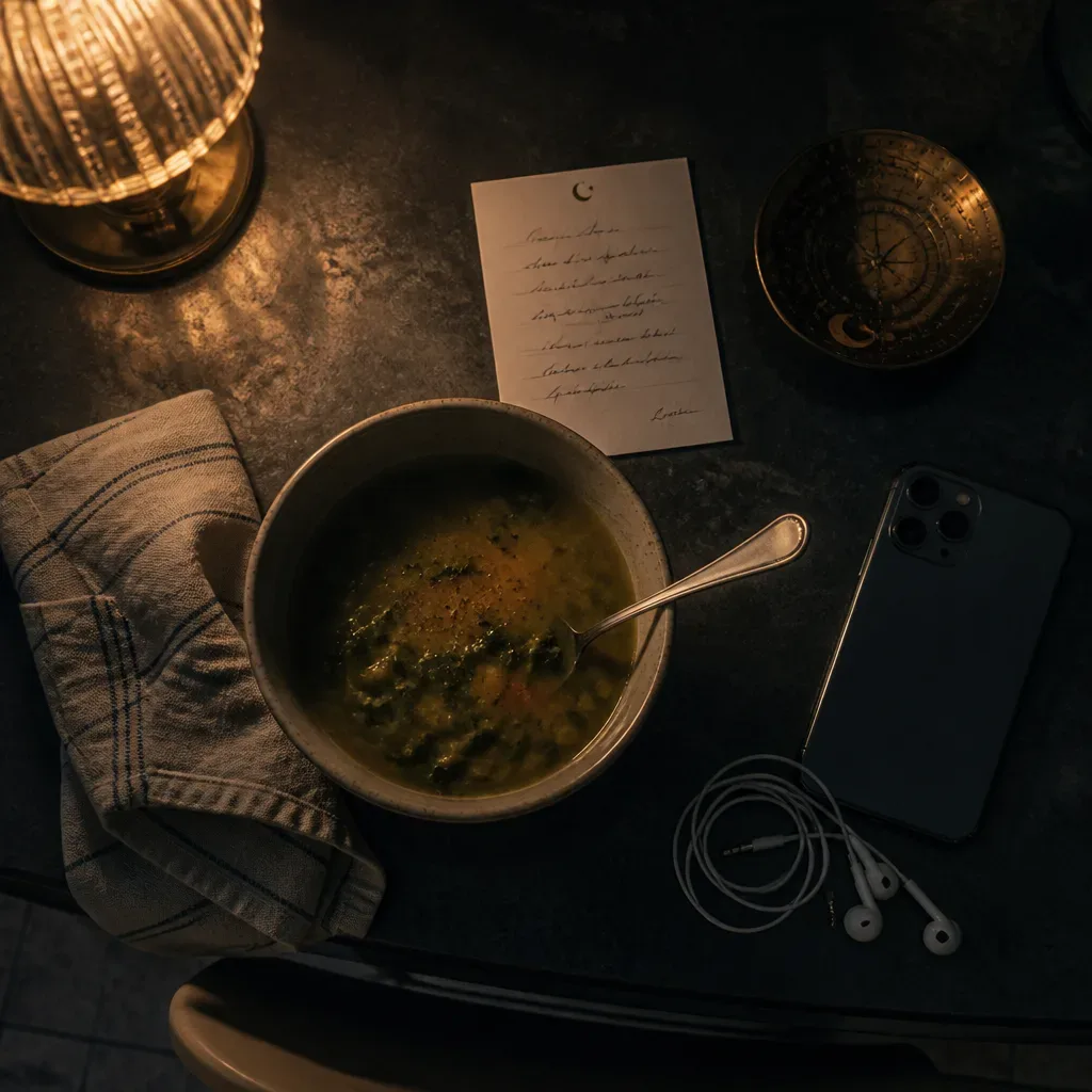 Warm soup beside phone and listening earbuds