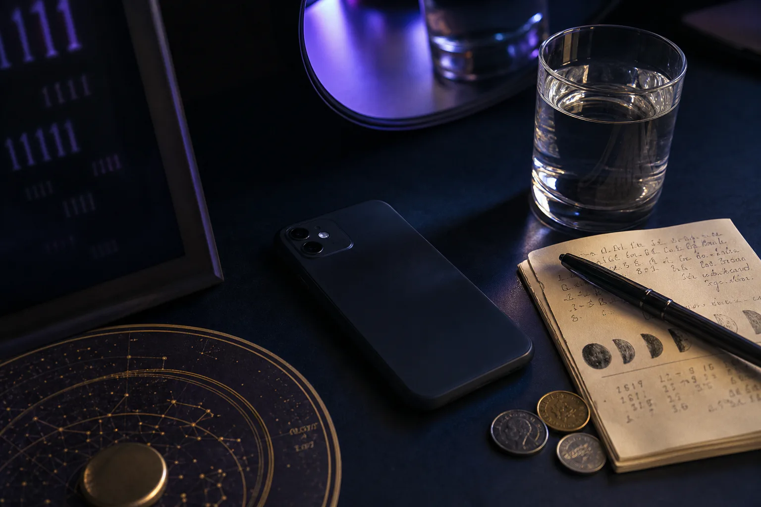 Sabah ışığında defterin ve bozuk paraların yanında telefon