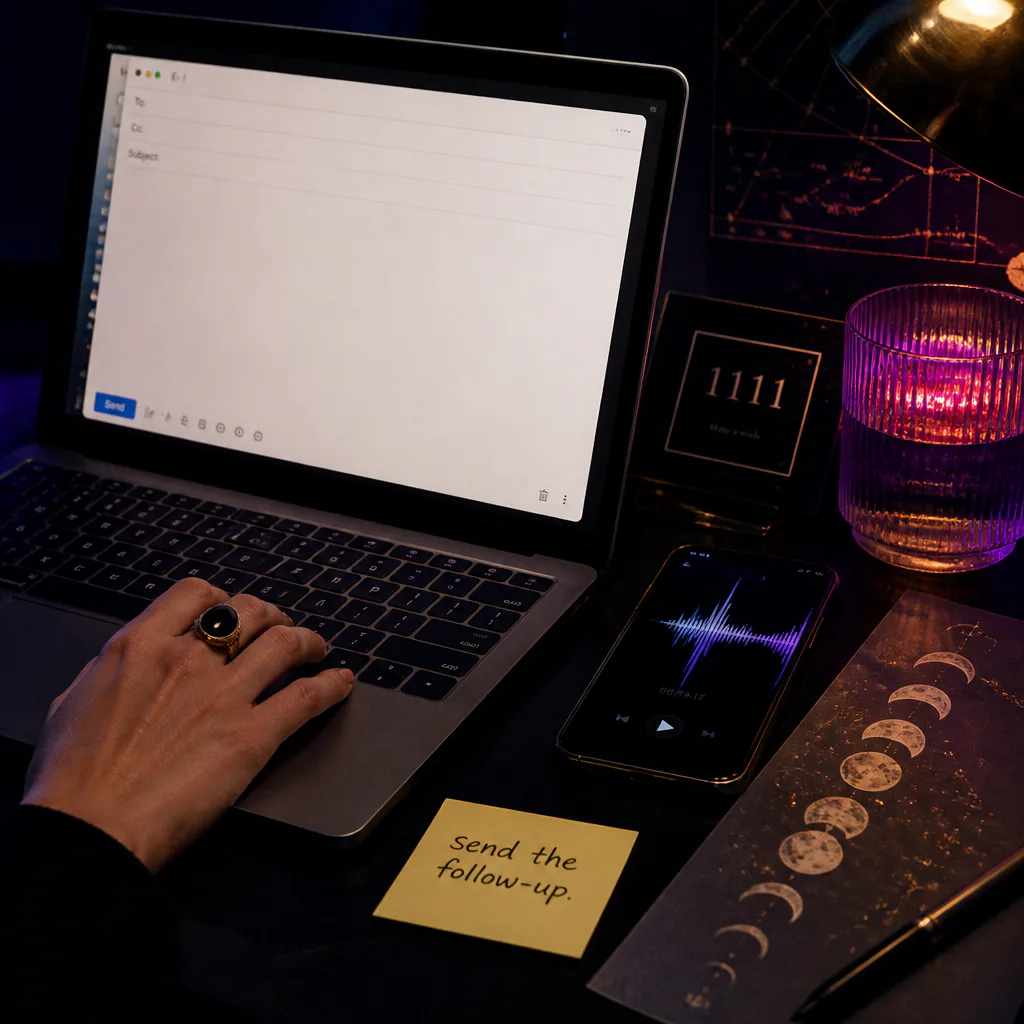 Phone audio beside laptop and follow-up note