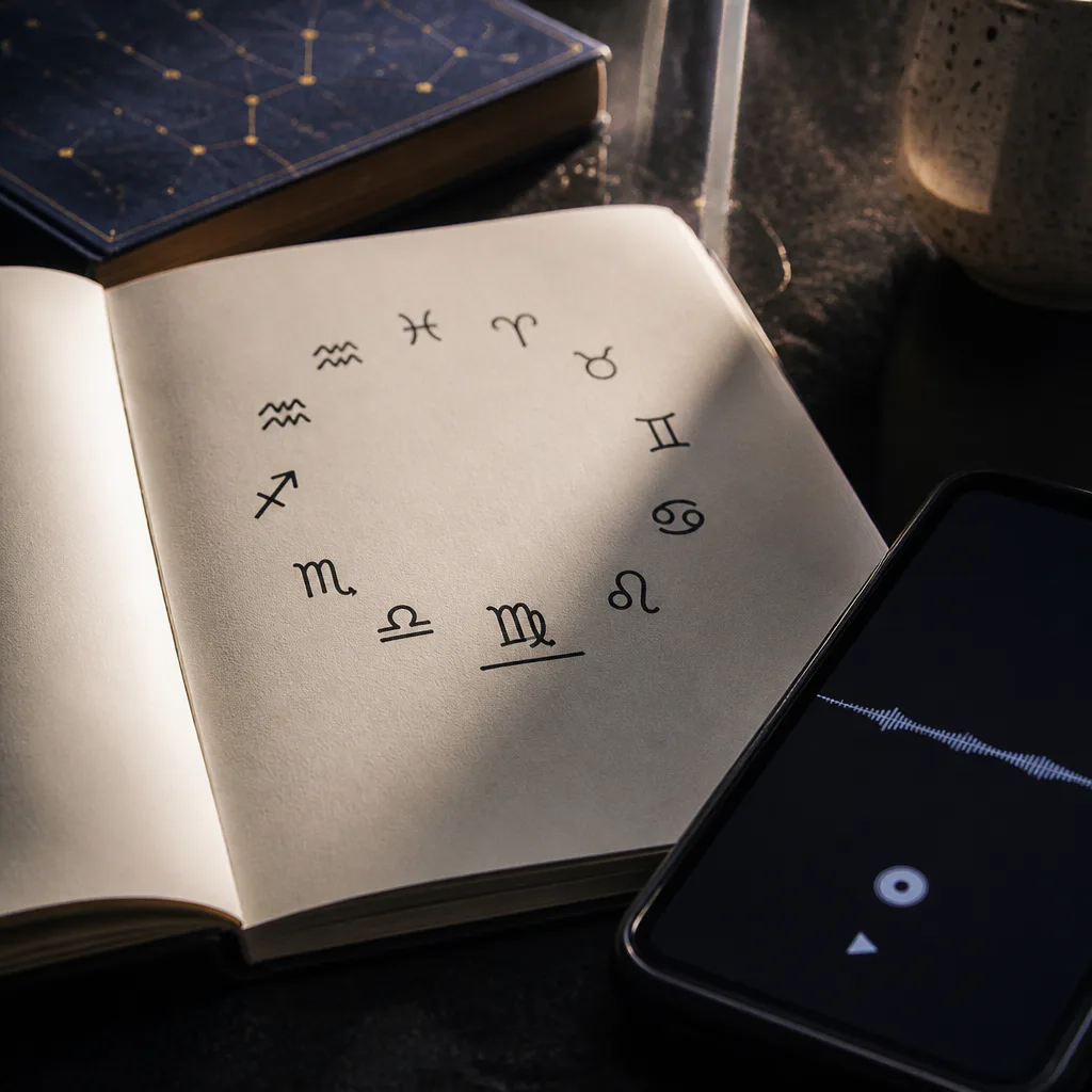 Notatnik z podpowiedziami zodiakalnymi obok ekranu audio