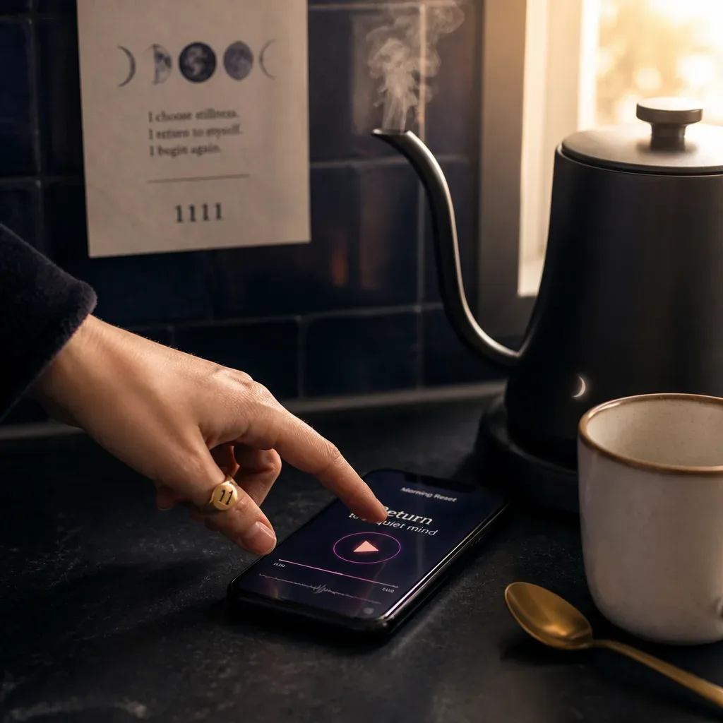 Hand reaching for phone beside morning kettle