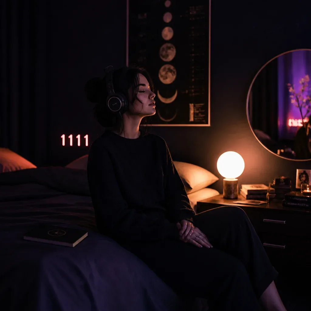 Person listening with headphones beside a closed notebook