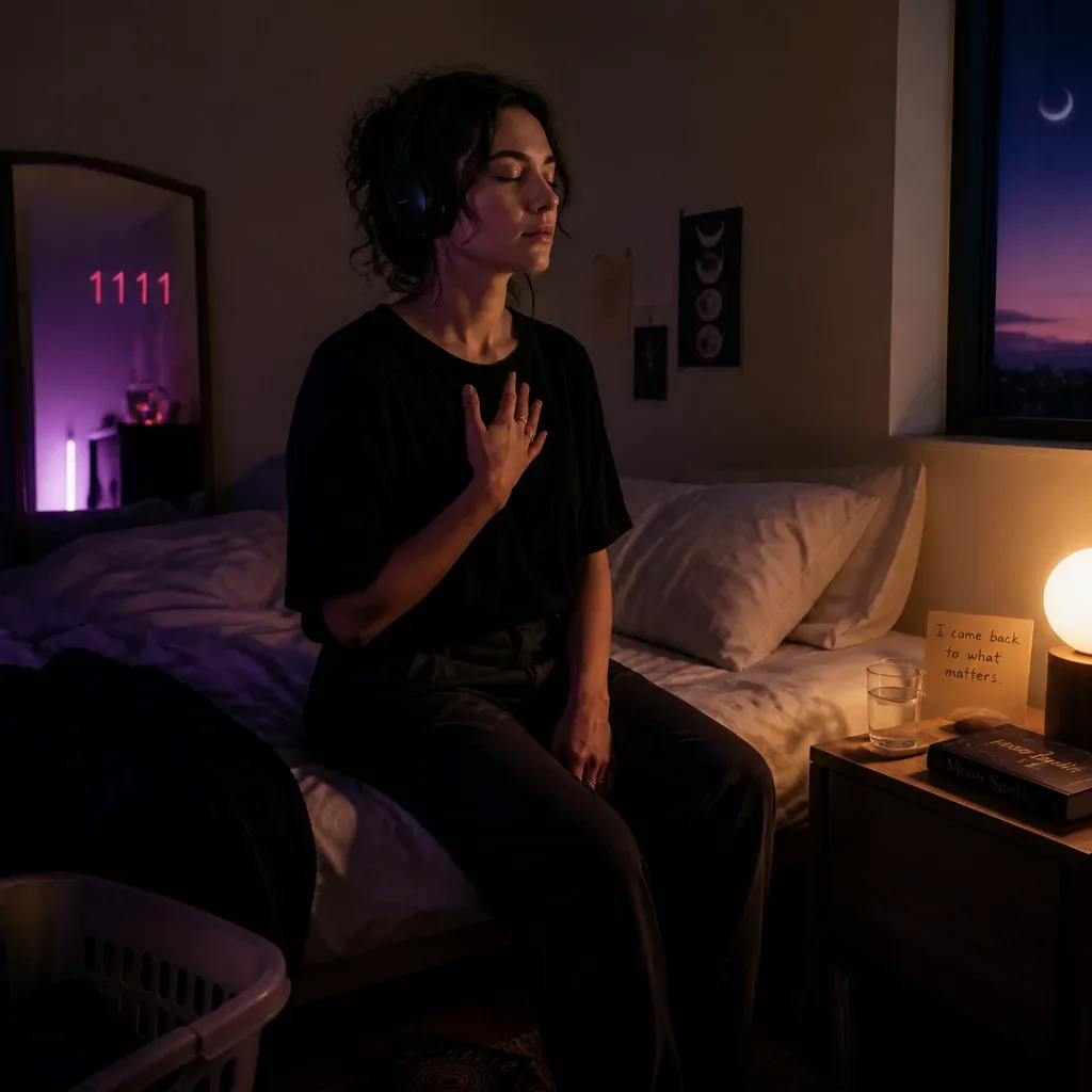 Person listening quietly on the edge of bed