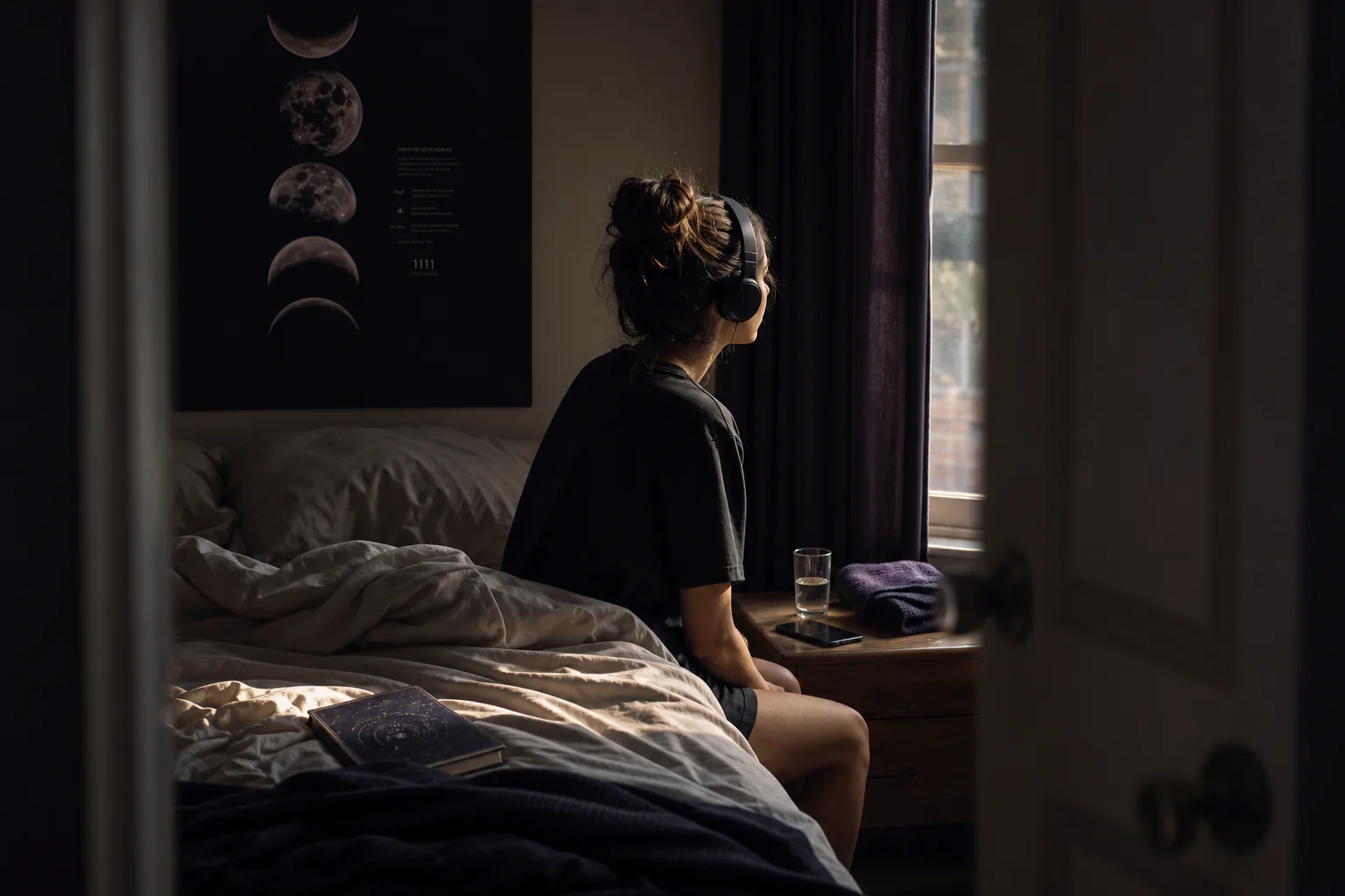 Person listening quietly beside a bedroom window