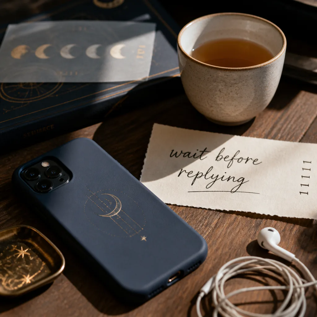 Phone resting beside tea and handwritten reset note